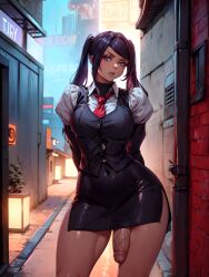 1futa ai_generated bartender brown_hair collared_shirt dickgirl futa_only futanari julianne_stingray medium_breasts miniskirt navel_visible_through_clothes necktie open_mouth penis penis_slip solo solo_futa stable_diffusion twintails va-11_hall-a veritai violet_hair