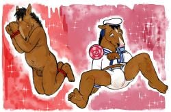 1boy 2023 anthro bojack_horseman bojack_horseman_(character) bondage clothes clownstongue color diaper digital_media_(artwork) equine flaccid furry holding_object horse male multiple_poses nude solo what