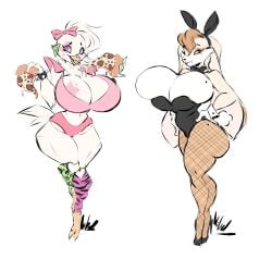 2girls big_breasts breasts bunny_girl bunnysuiy dullvivid eating female five_nights_at_freddy's five_nights_at_freddy's:_security_breach furry glamrock_chica_(fnaf) mature_female milf mommy only_female pizza scottgames sega smile sonic_(series) sonic_the_hedgehog_(series) vanilla_the_rabbit