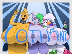 absurd_res animatronic anthro areola avian beakless big_breasts bird black_sclera blush blush_stickers breasts brush canid canine canis chicken clothed clothing ear_piercing female five_nights_at_freddy's five_nights_at_freddy's:_security_breach five_nights_at_freddy's_2 galliform gallus_(genus) gesture glamrock_chica green_hair grey_hair group hair hand_gesture hi_res huge_breasts hyper hyper_breasts idaialo machine mammal nipples non-mammal_breasts ok_sign open_mouth paintbrush phasianid piercing pink_areola pink_nipples purple_areola purple_body purple_eyes purple_nipples robot roxanne_wolf scottgames smile steel_wool_studios topless toy_chica_(fnaf) trio v_sign white_body white_eyes white_hair wolf yellow_areola yellow_body yellow_eyes yellow_nipples