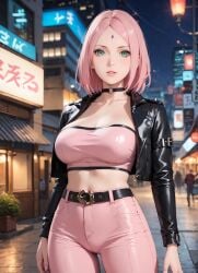 1girls 2d ai_generated bare_shoulders belt big_breasts boruto:_naruto_next_generations chest choker cleavage collar completely_nude completely_nude_female curvy curvy_figure cute detailed eyelashes eyeshadow female female_focus fit fit_female high_quality huge_breasts jacket large_breasts leather_jacket lips lipstick makeup mascara mature mature_female naked naruto naruto_(series) naruto_shippuden nero100 open_clothes open_jacket pants pink_hair rubber sagging_breasts sakura_haruno seductive seductive_look sex short_hair stable_diffusion tagme tank_top topless tubetop