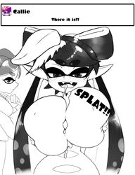 1boy 1girls 2girls alternate_breast_size big_breasts blush breast_expansion breasts callie_(splatoon) cum cum_on_breasts disembodied_penis english_text female happy happy_paizuri happy_sex huge_breasts kazuya_zoey male marie_(splatoon) nintendo nipple_bulge outercourse paizuri penis perpendicular_paizuri simple_background splatoon squid_sisters straight