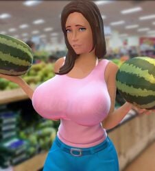 blue_eyes blue_pants brown_hair f4 female female_only femscout_(alt_design) holding_object huge_breasts large_breasts long_hair looking_at_viewer melon pink_shirt pink_top sfm source_filmmaker top top_heavy watermark