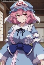 ai_generated aindroidparanoid big_breasts blush breasts busty curvy dojo female female_only huge_breasts indoors japanese_clothes kimono narrow_waist pink_hair red_eyes short_hair slim_waist stable_diffusion standing touhou touhou_project voluptuous yuyuko_saigyouji