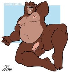 2024 absurd_res anthro anus balls bear bedroom_eyes belly brown_body brown_fur erection fiercedeitylynx foreskin fur genitals hi_res humanoid_genitalia humanoid_penis male mammal marlon_(fiercedeitylynx) moobs narrowed_eyes navel nipples nude overweight overweight_male penis seductive solo stubble unretracted_foreskin