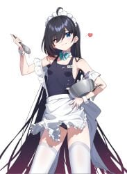 absurdres alternate_costume apron armpits bare_shoulders batter black_hair blue_eyes bowl breasts controlline3 counter:side female frilled_apron frills highres holding holding_bowl holding_whisk long_hair looking_at_viewer maid maid_apron maid_headdress mixing_bowl multicolored_hair name_tag one-piece_swimsuit one_eye_closed rosaria_(counter:side) rosaria_le_friede small_breasts smile solo swimsuit thighhighs very_long_hair waist_apron whisk whisking white_apron white_thighhighs