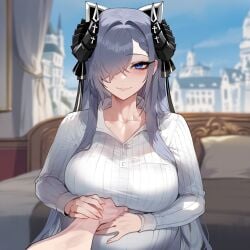 1boy 1girls absurd_res affectionate ai_generated august_von_parseval_(azur_lane) azur_lane hand_on_belly horns liu_(artist) looking_at_viewer pov pregnant pregnant_belly pregnant_female reaching_out smiling smiling_at_viewer straight white_shirt