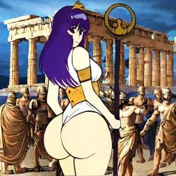 1girls 6+boys accessories ancient_greek_clothes ass ass_focus athena_(saint_seiya) bootylicious breasts breasts_focus building butt_focus closed_mouth cowboy_shot dat_ass day deity dress fat_ass fat_butt female female_focus focus_on_ass from_behind goddess greco-roman_clothes greece helmet holding huge_ass legs light-skinned_female light_skin long_hair looking_at_viewer looking_back multiple_boys outdoors people people_in_background rear_view saint_seiya saori_kido shounen_jump solo_female thick_thighs thighs voluptuous voluptuous_female white_dress wide_ass wide_hips