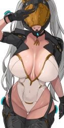 1girls big_breasts bunny_(the_first_descendant) choker edmun helmet huge_breasts oiled one-piece_swimsuit shiny smiling sweat the_first_descendant thick_thighs ultimate_bunny veins white_hair wide_hips