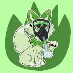 bong brown_eyes bushy_tail color feral fire gas_mask green_body lighter pokemon pokemon_(species) pokemon_sv red_sclera simple_background simple_shading sitting smoking sprigatito two_tone_body weed