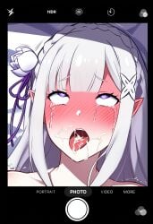 1girls after_sex ahe_gao blissful blue_pupils blush cum_on_face emilia_(re:zero) fucked_silly full_face_blush hair_flower hair_ornament heart-shaped_pupils nude pleasure_face portrait purple_eyes raised_eyebrows recording rolling_eyes shoulders silver_hair solo streaming_tears tears white_hair