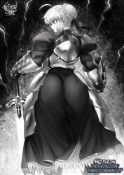 1girls ahoge armor armored_dress armored_female armored_gloves artist_name artoria_pendragon artoria_pendragon_(fate) ass_visible_through_thighs big_ass big_butt bubble_ass bubble_butt detailed fate/grand_order fate_(series) huge_ass lighting looking_away looking_to_the_side monochrome round_ass round_butt saber sword thegoldensmurf weapon wide_hips