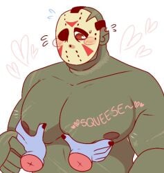 bara blush disembodied_hands friday_the_13th hockey_mask jason_voorhees male male_only mask muscles muscular nude smellyavian squeezing_pecs