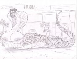 barely_clothed black_and_white cobra egyptian_clothes high_resolution long long_tail nure-onna smiling snake snake_girl translucent_clothing voluptuous