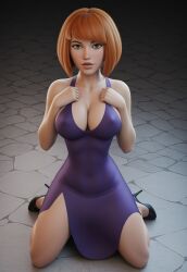 ai_generated big_breasts bob_cut bodysuit civitai dress elegant_dress green_eyes high_heels jumpsuit kim_possible kimberly_ann_possible kneeling kneeling_on_ground large_breasts looking_at_viewer mommy orange_hair purple_dress