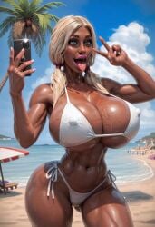 ahegao_face ai_generated beach bikini blonde_hair cellphone cleavage dark-skinned_female drooling erect_nipples female_only huge_breasts lily_banks logan_d ocean open_mouth palm_tree sand selfie shiny_skin side-tie_bikini smartphone solo solo_female swimsuit tongue_out twintails underboob v wet white_bikini