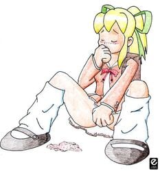 blonde_hair closed_eyes fingering hand_to_mouth loose_socks masturbation mega_man mega_man(classic) no_panties panties ponytail roll schoolgirl socks tied_hair white_socks