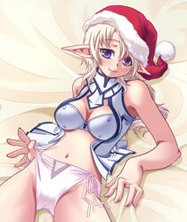 bed blonde_hair breasts christmas elf elvaan female female_only final_fantasy final_fantasy_xi hat katy_(artist) lowres midriff no_pants panties pointy_ears santa_hat side-tie_panties solo underwear