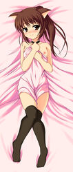 1girls animal_ears bed bed_sheet black_legwear black_thighhighs blush breasts brown_eyes brown_hair cat_ears choker covering dakimakura erect_nipples female flat_chest highres johnny_(artist) johnny_(from_scratch) kyon kyonko long_hair lying naked_sheet nipple_slip nipples no_bra no_panties on_back ponytail rule_63 sheet_grab solo suzumiya_haruhi_no_yuuutsu thighhighs tied_hair