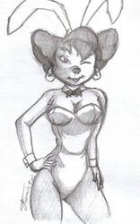 1girls 2006 anthro anthro_only bunny_ears bunnysuit disney disney_channel earrings female female_only fully_clothed goof_troop greyscale milf monochrome peg_pete sketch solo wink