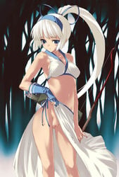 archer arrow blue_eyes blush bow_(weapon) female long_hair majikina_mina midriff no_panties ponytail pussy samurai_shodown sarong snk solo tied_hair uncensored weapon white_hair