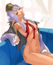 bottomless breasts elf elvaan female final_fantasy final_fantasy_xi long_hair nakadera_akira nipples nude open_clothes open_shirt pointy_ears prishe purple_hair shirt solo