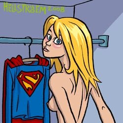 1girls 2008 blonde blonde_hair closet dc_comics hellstroem solo supergirl superman_(series) topless