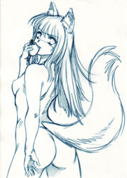 1girls animal_ears apple apples ass breasts eating food fruit hisahiko holding holding_apple holding_fruit holo monochrome nude small_breasts spice_and_wolf tail wolf_ears