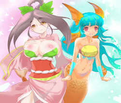 blue_hair breasts cleavage flat_chest huge_breasts japanese_clothes kimono long_hair mermaid mokomoko_yanakku monster_girl nanami_(okami) navel nipples oikawasyu okami okamiden red_eyes sakuya_(okami) smile tagme yellow_eyes