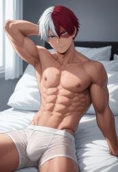 1boy abs ai_generated arm_support armpits arms_behind_head arms_up blue_eyes boku_no_hero_academia boxer_briefs boxer_briefs_only bsky_link bulge burn_scar civitai dvxxxgrai gay gray_eyes heterochromia lying_on_bed male male_only male_underwear multicolored_hair muscular muscular_male my_hero_academia navel nipples nude pony_diffusion_xl red_hair shouto_todoroki smile solo solo_male split-color_hair tagme todoroki_shouto toned toned_body toned_male twitter two_tone_hair underwear underwear_only white_hair white_male_underwear x_(social_media) yaoi