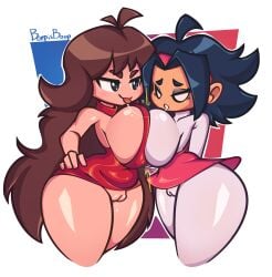 2girls beepisboop big_ass big_breasts breast_to_breast brown_hair clothed dark_hair dress exposed_pussy female female_only friday_night_funkin girlfriend_(friday_night_funkin) hand_on_hip headband highres huge_ass huge_breasts nene_(newgrounds) newgrounds no_bra no_underwear pussy pussy_visible_through_clothes red_dress revealing_clothes saliva saliva_trail sideboob skin_tight skintight skintight_bodysuit skintight_dress skirt steam steamy_pussy teasing underass wet wet_pussy