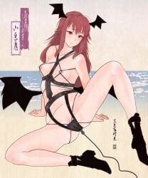 anal_beads beach blush breasts cloritin commentary_request demon_wings female head_wings highres koakuma leather nihonga ocean on_floor red_eyes red_hair sex_toy sitting spread_legs touhou ukiyo-e wings