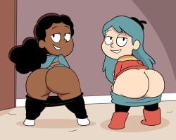 2023 2d 2d_(artwork) 2girls aqua_hair ass ass_comparison beret big_ass black_beret black_eyes black_hair blue_hair boots bottom_heavy commission curvaceous dark-skinned_female dark_skin eyebrows female female_only frida_(hilda) hat highres hilda_(hilda) hilda_(series) hood hoodie huge_ass light-skinned_female light_skin long_hair looking_back mooning multiple_girls netflix no_panties no_underwear pants pants_pull ponytail scarf scobionicle99 shortstack smile teeth thick thick_thighs thighs tied_hair uncensored yellow_scarf