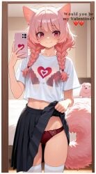 ai_generated bra_visible_through_clothes braided_hair cat_ears cat_girl cat_tail catgirl crop_top petite petite_body petite_female pink_eyes pink_hair red_bra red_panties red_underwear selfie skirt skirt_lift small_breasts thigh_highs thighhighs