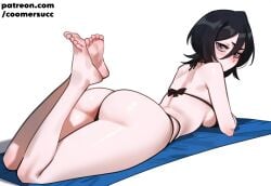 1girls ai_generated back_view beach_towel big_ass bikini black_bikini black_body bleach blushing blushing_at_viewer coomersucc kuchiki_rukia laying_down light-skinned_female light_skin looking_back looking_back_at_viewer short_hair simple_background solo solo_female swimsuit viewed_from_behind