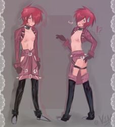 alternate_costume alternate_hairstyle digital_media_(artwork) embarrassed_male exposed_ass exposed_chest gloves hair julian_(mobilelegends) male male_only mobile_legends mobile_legends:_bang_bang nipples no_visible_genitalia pecs red skinny spiked_collar