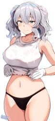 1girls belko black_panties blue_eyes breasts camisole collarbone dated gloves groin hi_res highres kantai_collection kashima_(kantai_collection) large_breasts looking_at_viewer navel panties simple_background stomach thick_thighs thighs twintails twitter_username underwear wet wet_camisole wet_clothes white_background white_gloves white_hair wide_hips