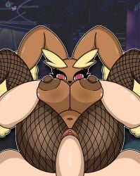 anthro areola big_areola big_breasts big_ears big_nipples blush breasts brown_areola brown_body brown_ears brown_fur brown_nipples clothing duo female fishnet_clothing fishnet_legwear front_view full_nelson fur generation_4_pokemon genitals holding_partner huge_nipples human interspecies lagomorph legwear looking_at_viewer lopunny male male/female mammal nintendo nipple_piercing nipples penetration piercing pokemon pokemon_(species) pokephilia pussy red_eyes sex shinychaonsfw spread_legs spreading tan_body tan_fur thick_thighs vaginal_penetration vaginal_penetration