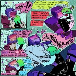 antennae antennae_(anatomy) cliveisawesome223 cock comic deltarune deltarune_chapter_3 dialogue dialogue_bubble digital_art digital_drawing_(artwork) digital_media digital_media_(artwork) english english_dialogue english_text human_on_robot kissing kissing_penis loving_couple loving_gaze loving_sex nonbinary orgasm orgasm_from_kissing orgasm_without_stimulation penis robot self_insert self_ship self_upload selfship selfshipping tenna_(deltarune) text text_bubble tv_head yumeship yumeshipping