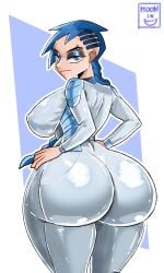 absurd_res absurdres anna_(metal_family) ass ass_cleavage big_ass big_breasts blue_hair breasts highres huge_ass latex light-skinned_female looking_back metal_family moonix_xero shiny_body thick_thighs thigh_clothes