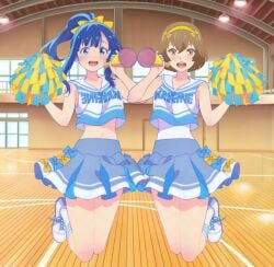 2girls blue_hair bow brown_hair cheerleader hairband pom_poms ponytail short_hair source_request tagme