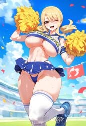 1girls ai_generated big_ass big_breasts blonde_hair cheerleader cheerleader_uniform fairy_tail light-skinned_female lucy_heartfilia sweat tharkica thick_thighs underboob voluptuous voluptuous_female