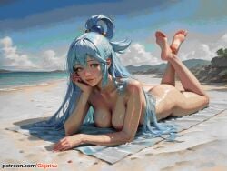 ai_generated aqua_(konosuba) aqua_hair barefoot beach breasts feet foot_fetish gigatsu kono_subarashii_sekai_ni_shukufuku_wo! looking_at_viewer lying lying_on_stomach naked naked_female nipples sea seductive seductive_pose summer toes