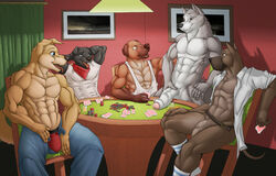 abs anthro biceps bulldog canine great_dane group husky labradour male male_only mammal muscular muscular_male nude penis poker saruuk strip_poker uncut vein veiny_penis