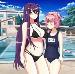 2girls artist_request bikini breast_envy comparing_breasts doki_doki_literature_club female female_only jealous looking_at_breasts looking_at_viewer multiple_girls natsuki_(doki_doki_literature_club) one_piece_swimsuit pink_hair pool poolside purple_hair size_comparison size_difference swimsuit swimwear yuri_(doki_doki_literature_club)