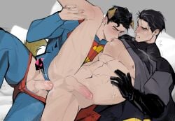 abs anal anal_sex animal_ears animal_tail balls batman batman_(series) big_pecs blush bruce_wayne clark_kent closed_eyes clothed clothing dc dc_comics dog_ears dog_tail erect_penis erection gay leg_up male male_focus male_only mie77014827 muscular muscular_male nipple_suck nipples pecs penetration penis penis_in_ass spread_legs sucking_nipples superman superman_(series) tail tight_clothing yaoi