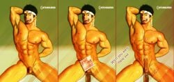 1boy anal ass balls bara black_hair capcom catchguess cum cum_in_ass cum_on_body cyberbots english_text erection headband jin_saotome male male_only muscular nipples one_hand_behind_head penis smug_face solo sweatdrop text veiny_penis video_games