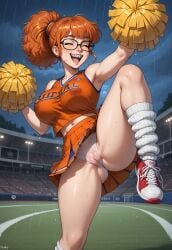 1girls accidental_exposure ai_generated braces cameltoe cheering cheerleader cheerleader_uniform closed_eyes crowd family_guy football_field freckles glasses happy nerdy_female nipples oblivious orange_hair outdoors patty patty_patterson ponytail public_indecency pussy raining raised_leg see-through_clothing solo_focus tagme wet