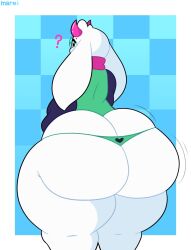 1boy 2023 2_horns anthro ass big_butt blue_background bovid caprine clothing deltarune english_description evilfiendish eyewear fur glasses goat green_clothing green_robe green_thong green_underwear hi_res horn long_ears looking_back male male_only mammal pink_horn pink_horns pink_scarf question_mark ralsei rear_view robe round_glasses scarf simple_background solo thick_thighs thong undertale_(series) underwear wearing_glasses white_body white_fur
