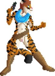 affectos anthro areola belt boots breasts clothed clothing digital_media_(artwork) feline female fighting_stance footwear gun hair handgun holding_object holding_weapon mammal nipples pistol pixel_art pussy ranged_weapon revealing_(disambiguation) revealing_outfit scarf skimpy smile solo sprite_art standing tiger transparent_background weapon